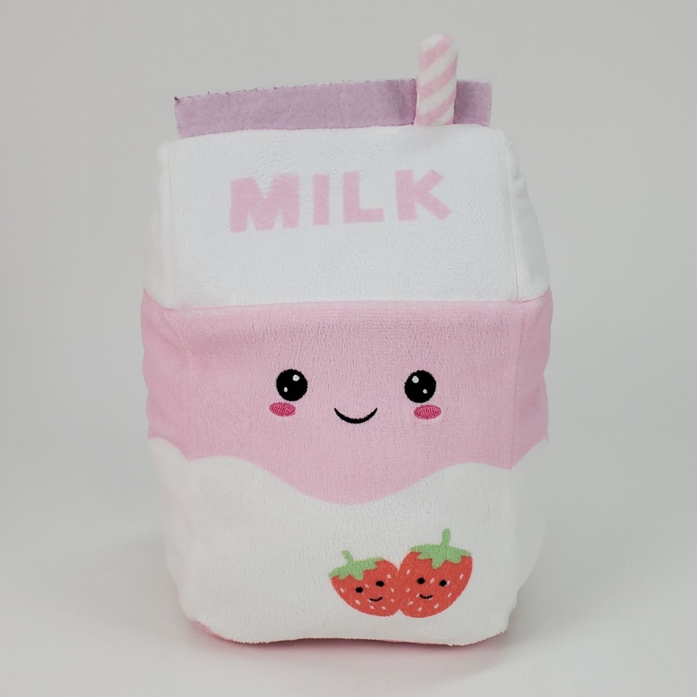 Kawaii‎ Strawberry Milk Carton Plush Stuffed Animal Pink White 9.5 Inch